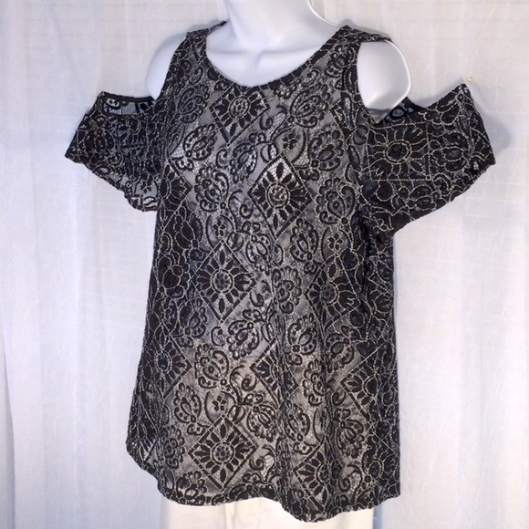 LOFT Lace Cold Shoulder Shear Blouse Sz M - Picture 2 of 11